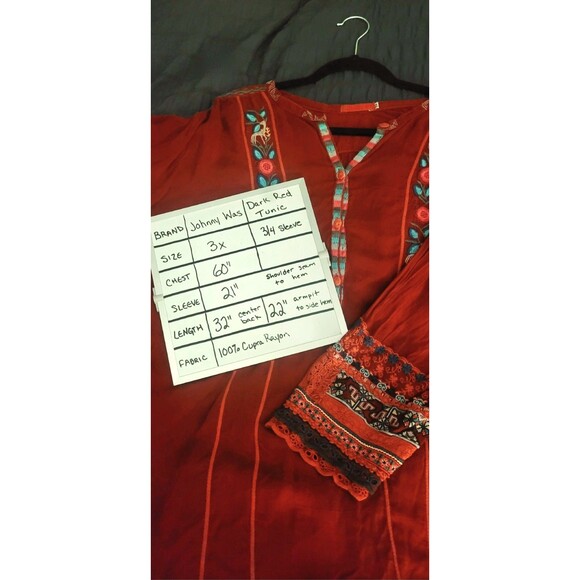 JOHNNY WAS 3x RED Tunic Embroidered Cupra - long sleeve Shirt Blouse Top HOLIDAY - Picture 2 of 10